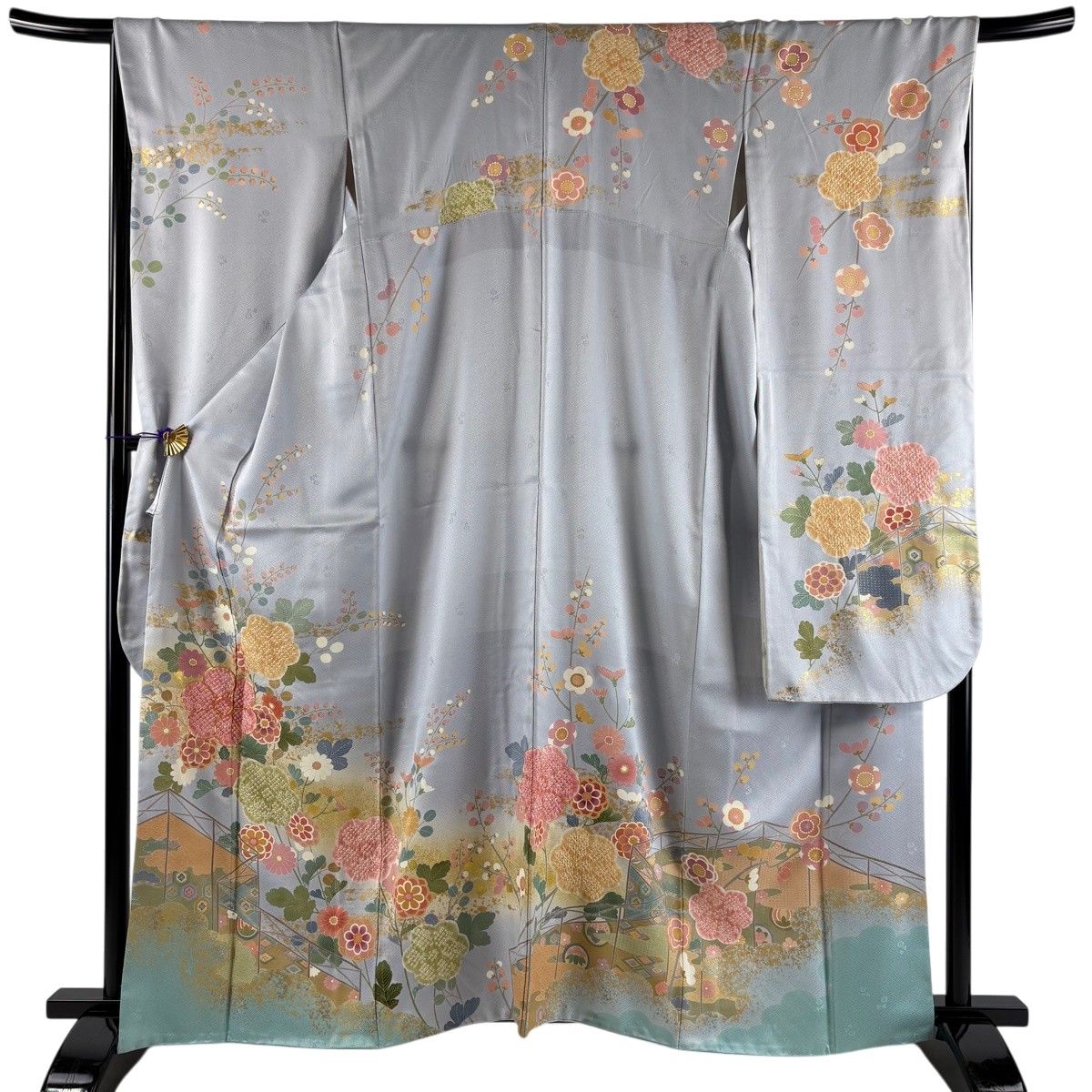 振袖 身丈162.5cm 裄丈67cm M 袷 落款 草花 幔幕 金糸 絞り 水色 正絹 名品 【中古】