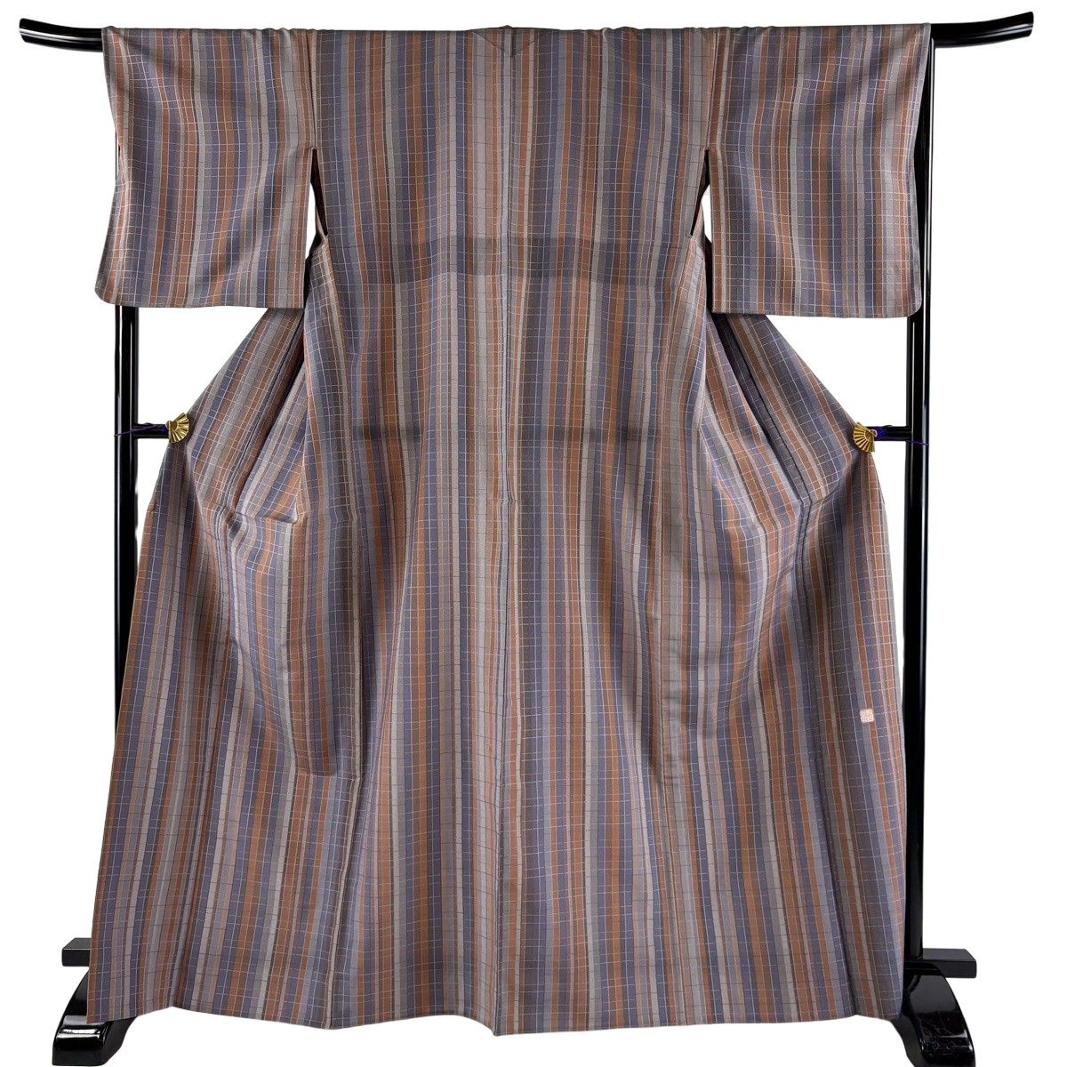 【美品】 小紋 身丈167cm 裄丈67cm M 単衣 落款 格子 縞 灰茶 正絹 名品 【中古】