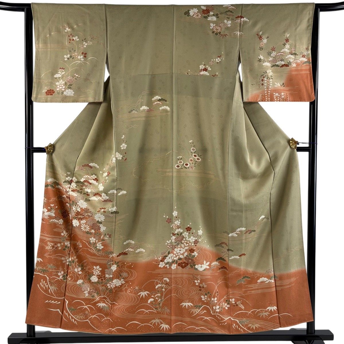 美品】 訪問着 身丈154cm 裄丈63.5cm S 袷 松竹梅 草花 金糸 金彩 灰緑