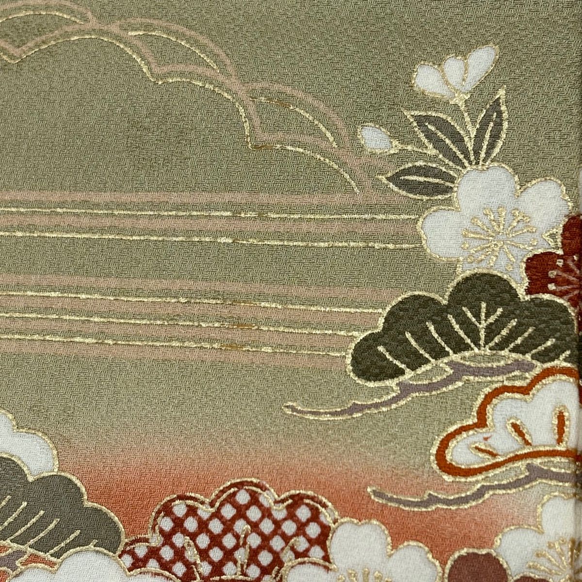 美品】 訪問着 身丈154cm 裄丈63.5cm S 袷 松竹梅 草花 金糸 金彩 灰緑