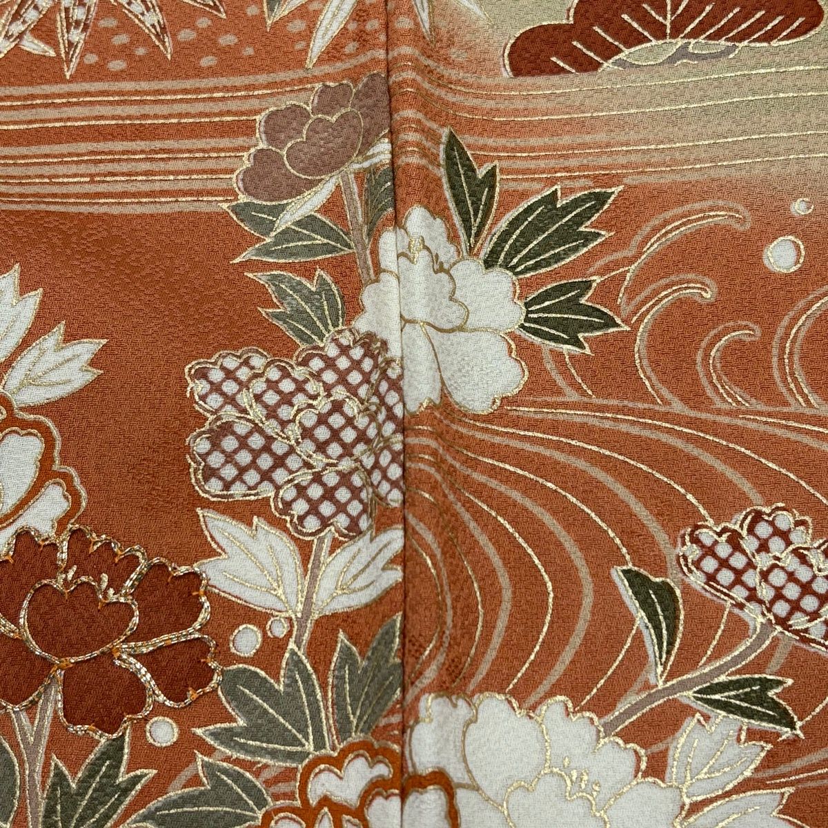 美品】 訪問着 身丈154cm 裄丈63.5cm S 袷 松竹梅 草花 金糸 金彩 灰緑