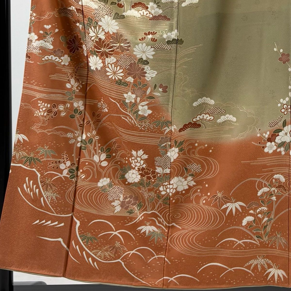 美品】 訪問着 身丈154cm 裄丈63.5cm S 袷 松竹梅 草花 金糸 金彩 灰緑