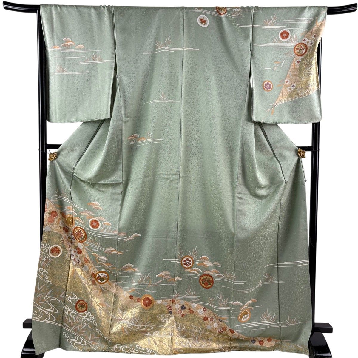 訪問着 身丈173cm 裄丈68cm L 袷 蝶 菊 金糸 金彩 薄緑 正絹 秀品