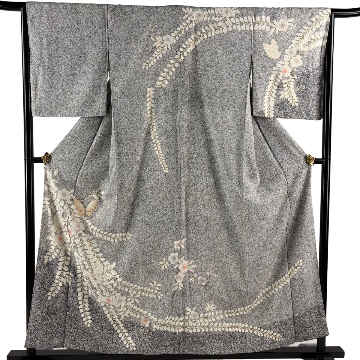 正絹☆古典調絵羽柄の着物単品 美品】 訪問着 身丈156cm 裄丈65.5cm M 袷 桜 蝶 金糸 金彩 灰色 正絹