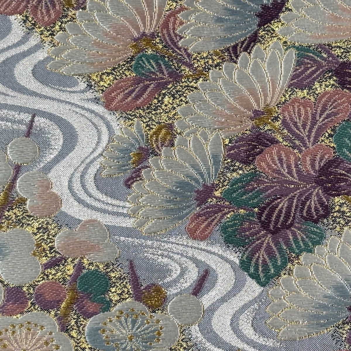 袋帯 秀品 瑞苑彩麗文 菊 流水 金銀糸 箔 青灰色 六通 正絹 【中古