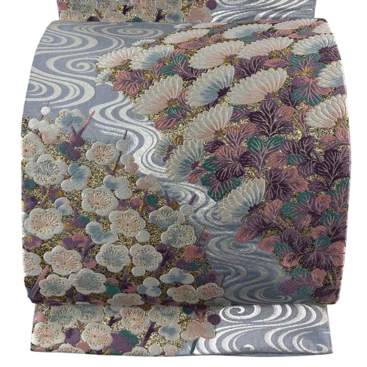 袋帯 秀品 瑞苑彩麗文 菊 流水 金銀糸 箔 青灰色 六通 正絹 【中古
