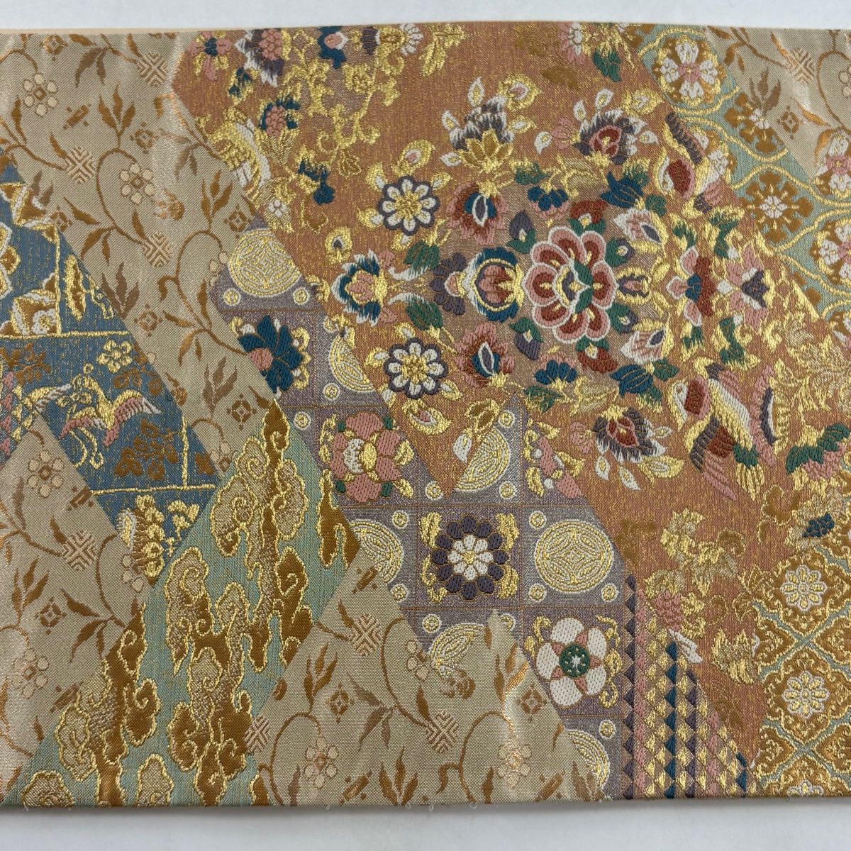 美品】 袋帯 秀品 花鳥 笹蔓 唐織 金糸 金色 六通 正絹 【中古
