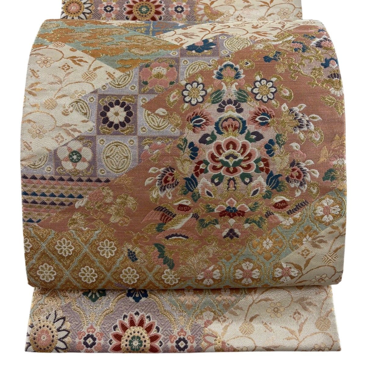 美品】 袋帯 秀品 花鳥 笹蔓 唐織 金糸 金色 六通 正絹 【中古