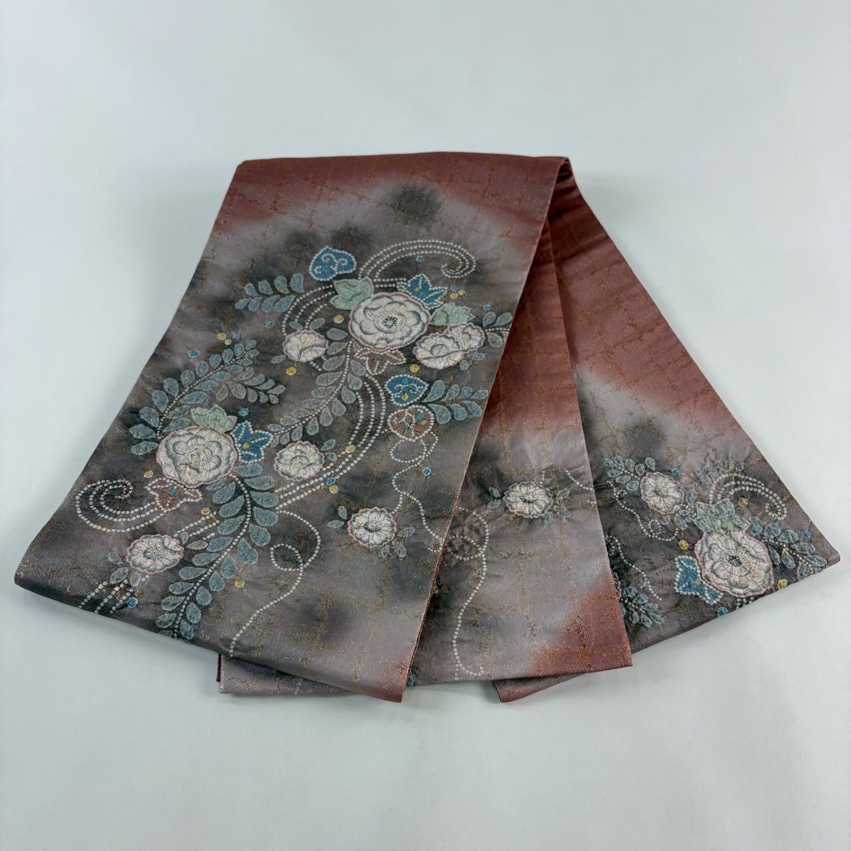 H*t様 980 華 袋帯 辻ヶ花 ふくれ織 お太鼓柄 茶 緑 美品】 袋帯 秀品 辻が花柄 箔 ぼかし 小豆色 お太鼓柄 正絹 【中古