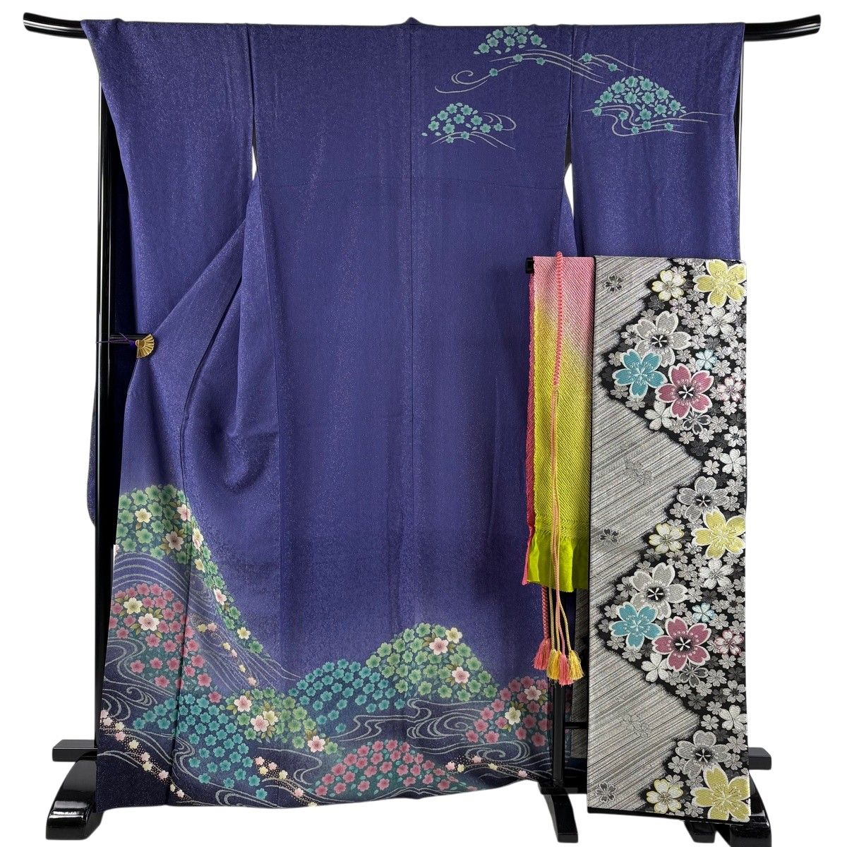 美品】 振袖 身丈168cm 裄丈68cm L 袷 袋帯フルセット 桜 流水 金通し