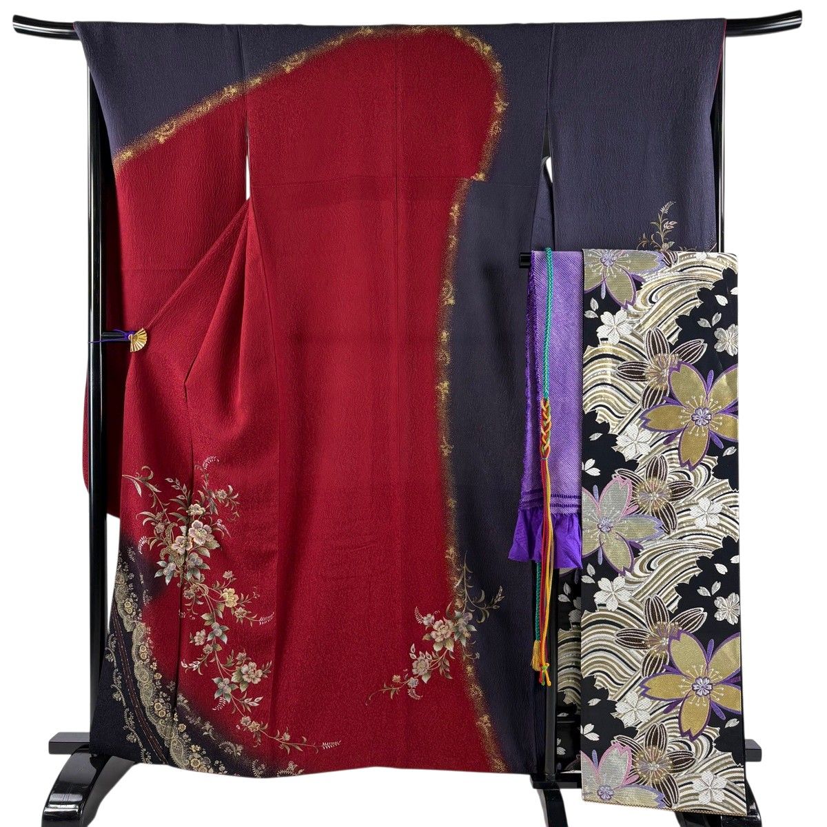 【最終値下げ】正絹 振袖 着物セット身丈162cm 裄67.4cm 美品】 振袖 身丈162cm 裄丈67.5cm L 袷 袋帯フルセット 草花