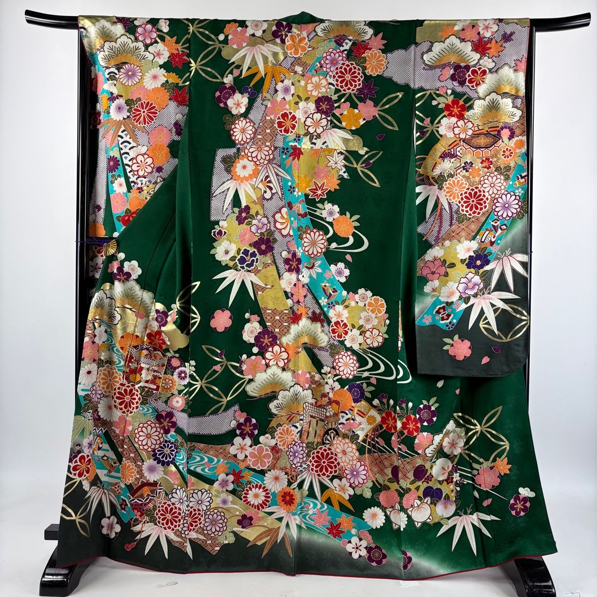 美品】 振袖 身丈165.5cm 裄丈66cm M 袷 袋帯フルセット 貝桶 菊 金糸