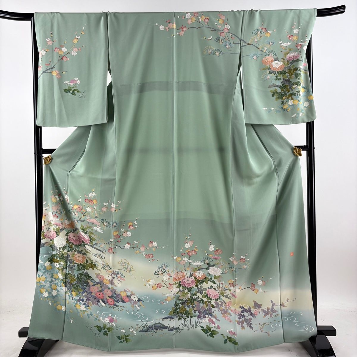 訪問着 身丈166cm 裄丈67.5cm L 袷 袋帯セット 落款 菊 枝梅 染め分け