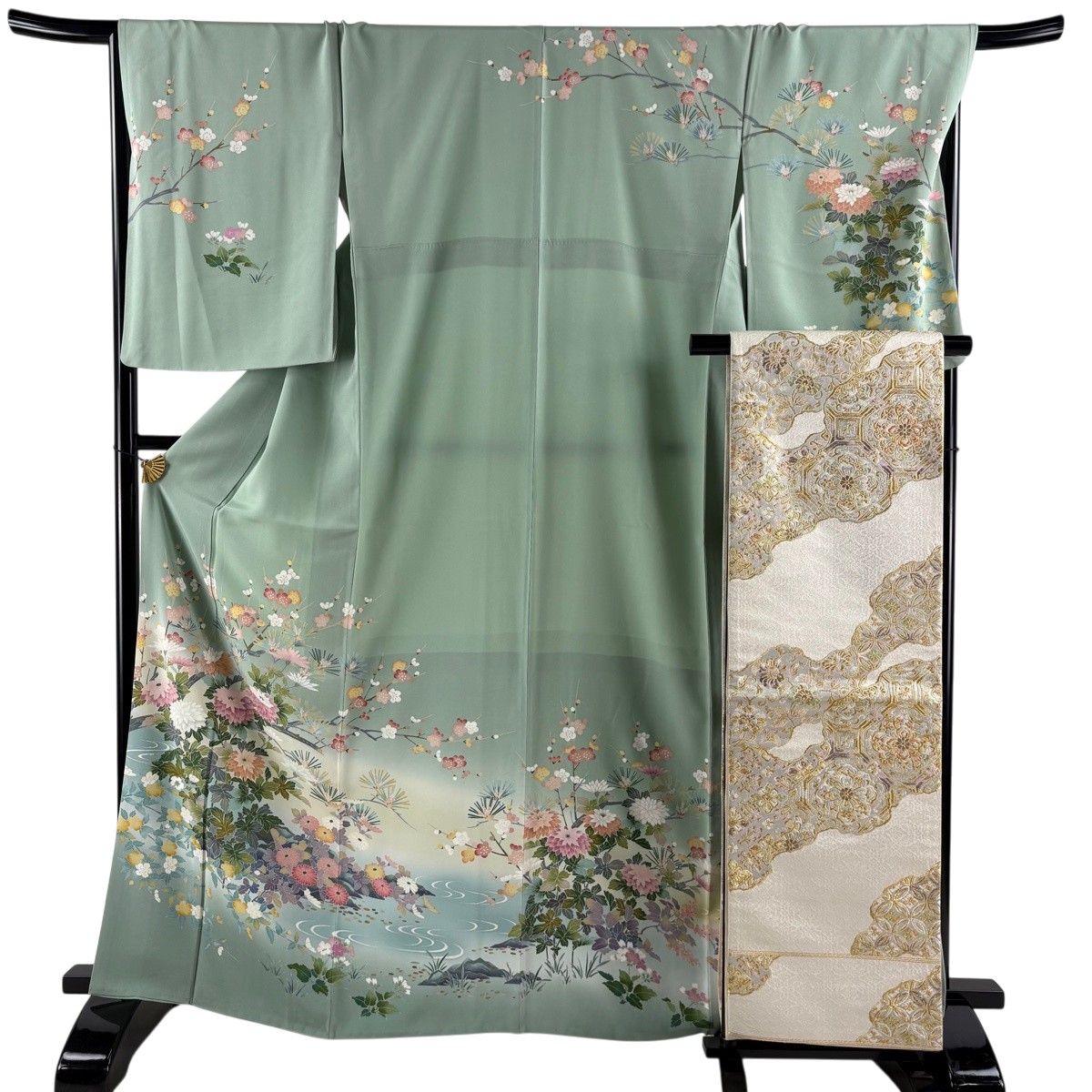 訪問着 身丈166cm 裄丈67.5cm L 袷 袋帯セット 落款 菊 枝梅 染め分け