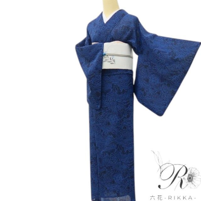六花-RIKKA- 美品 洗える夏着物 紗 インクブルーに、波と網干、透け感