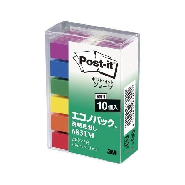 （まとめ） 住友スリーエム ポストイット(R) ジョーブ 透明見出し エコノパック(TM)製品 6831M 混色6色 10個入 〔×3セット〕