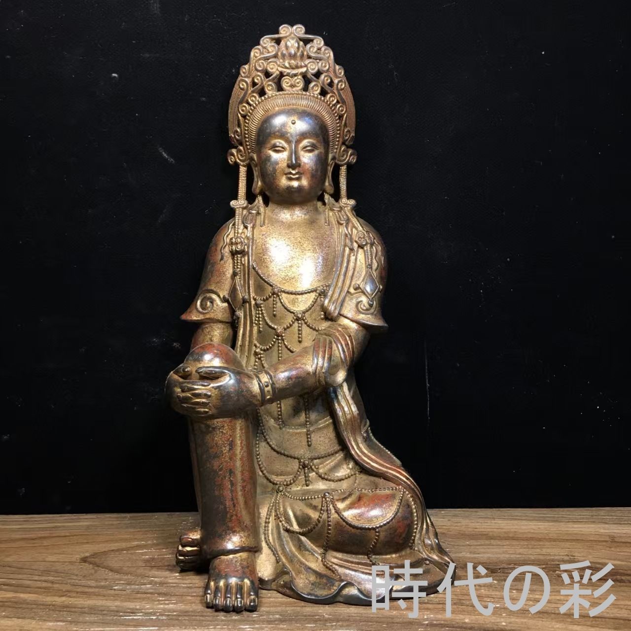 【自在観音菩薩像】中国古美術 銅製 泥金 自在観音 仏像 佛教美術 細密彫刻 金属工芸 仏教置物 唐物 收藏逸品 R08070509