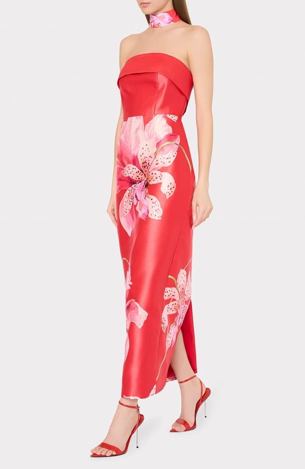 ミリー レディース トップス ワンピース フラワー柄 ストラップレス レース フラワー Milly Ciara Placed Floral Strapless Faille Column Gown L