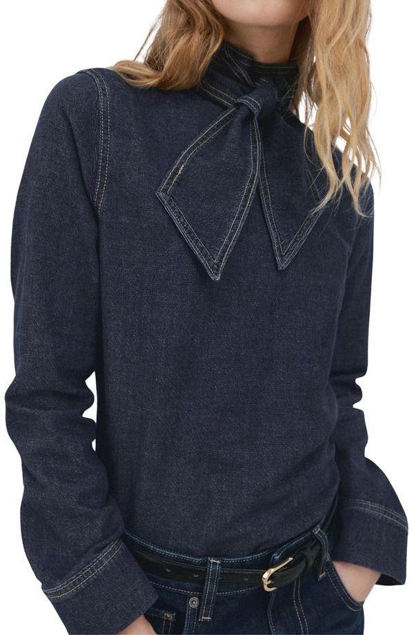 マンゴ レディース トップス シャツ デニム MANGO Tie Neck Denim ButtonUp Shirt Dark Blue ブルー