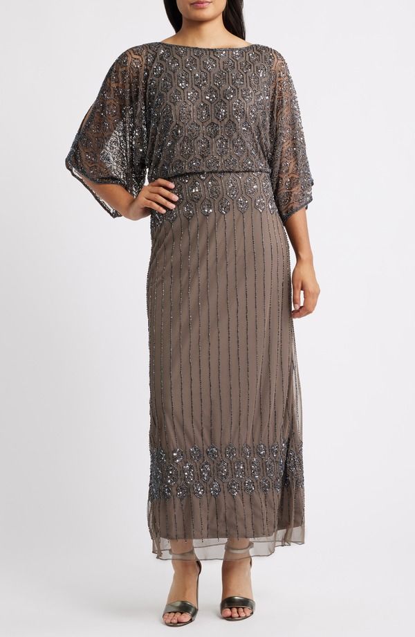 ピサッロナイツ レディース トップス ワンピース Pisarro Nights Beaded Blouson Split Sleeve Gown Aluminum