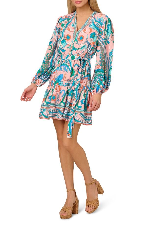 アドリアナ パペル レディース トップス ワンピース プリント Adrianna Papell Printie Waist Long Sleeve Dress Peach Multi ピーチ