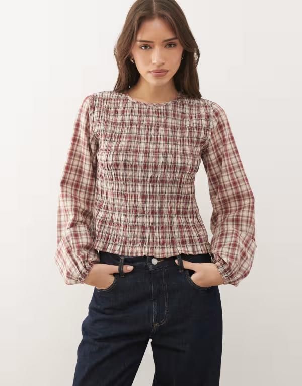 ノイジーメイ レディース トップス Tシャツ Noisy May long sleeve smock top and beige plaid Tibetan red レッド