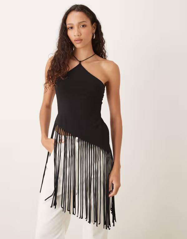 エイソス レディース トップス タンクトップ フリンジ ホルター ASOS DESIGN fringe longline halter neck top Black ブラック