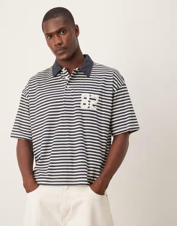 エイソス メンズ トップス ポロシャツ ASOS DESIGN boxy oversized polo and white stripe Multi マルチカラー