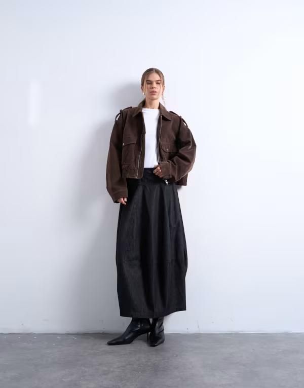 トップショップ レディース ボトムスカート デニム マキシ Topshop denim seamed barrel fit maxi skirt Black ブラック