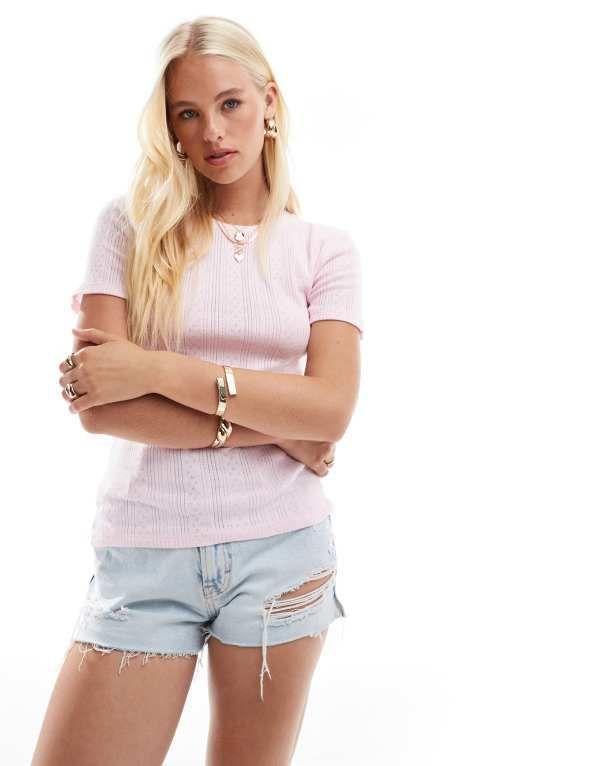 ヴェロモーダ レディース トップス Tシャツ Vero Moda pointelle Tshirt in pale PinkABoo ピンク