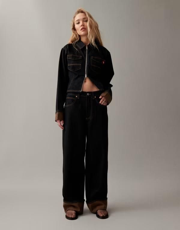 コルージョン レディース ボトムス デニムパンツ コントラスト ジーンズ COLLUSION mid rise jeans with orange contrasturn up hem in dark