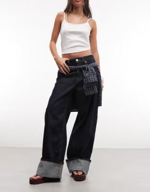 モンキ レディース ボトムス デニムパンツ ジーンズ Monki Peggy fold up loose fit jeans indigo blue wash Dark blue ブルー