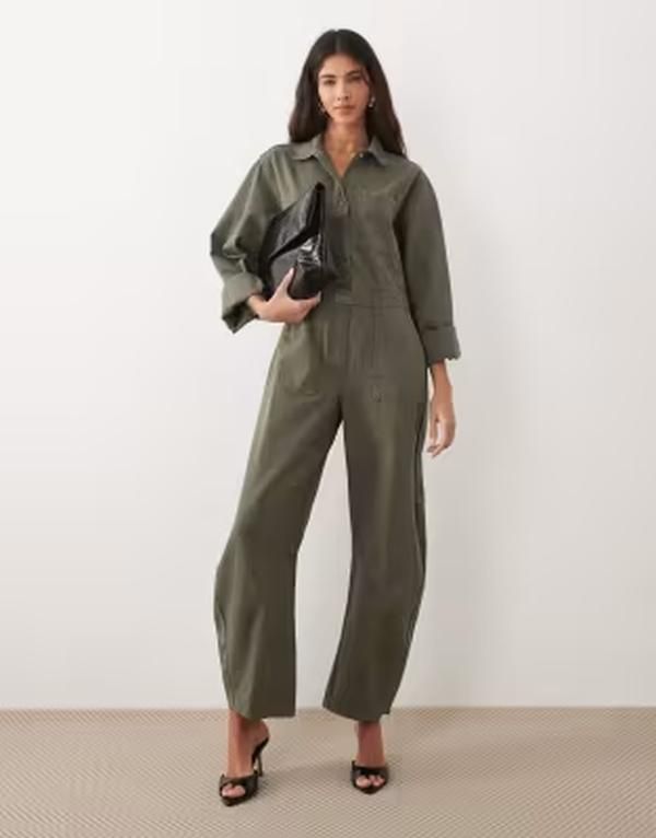 エイソス レディース トップス ジャンプスーツ デニム ASOS DESIGN denim barreleg boiler suit Khaki カーキ