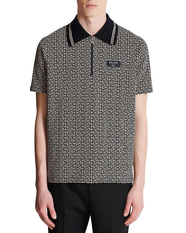 バルマン メンズ トップス ポロシャツ プリント Balmain Monogram Print Zipolo IvoryBlack アイボリー