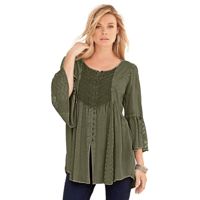 ロアマンズ レディース トップス シャツ プラスサイズ Roamans Womens Plusize Taylor Acid Wash Big Shirt Dark Olive Green グリーン