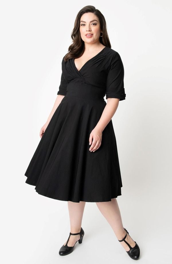 ユニークビンテージ レディース トップス ワンピース プラスサイズ Unique Vintage Plusize Half Sleeve Surplice Deloreswing Dress Blac