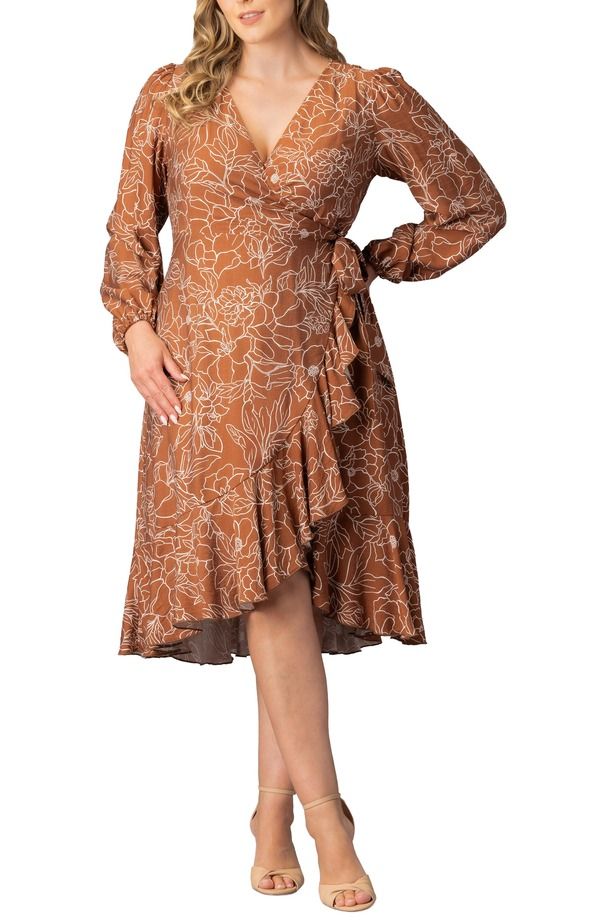 キヨナ レディース トップス ワンピース ミディ Kiyonna Julia Long Sleeve Midi Wrap Dress Chocolate Floral Print チョコレート
