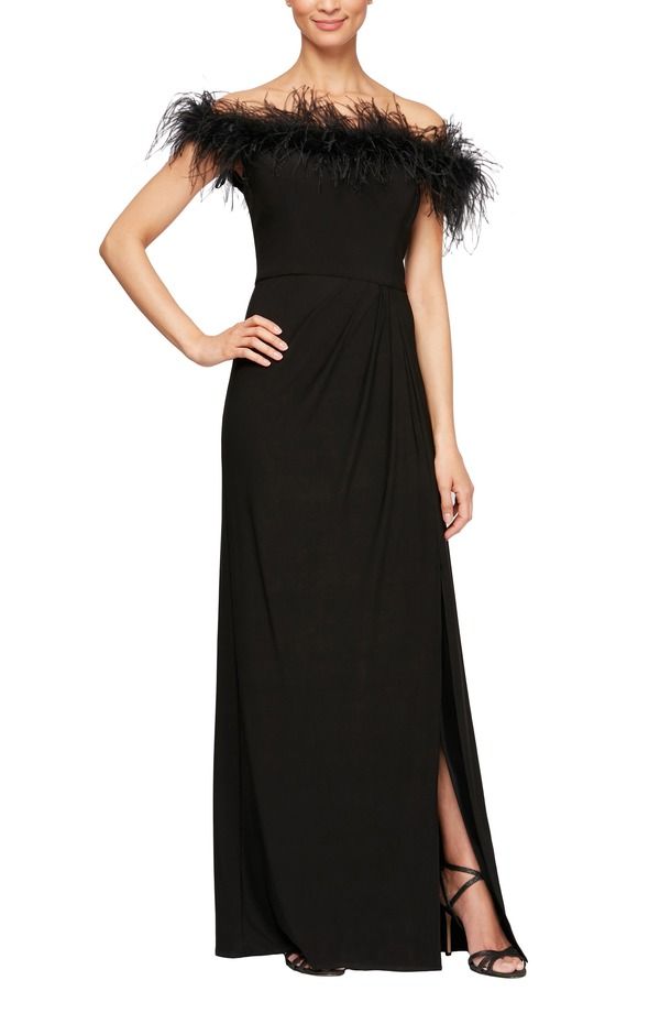 アレックスイブニングス レディース トップス ワンピース Alex Evenings Feather Trimmed Off the Shoulder Gown Black ブラック