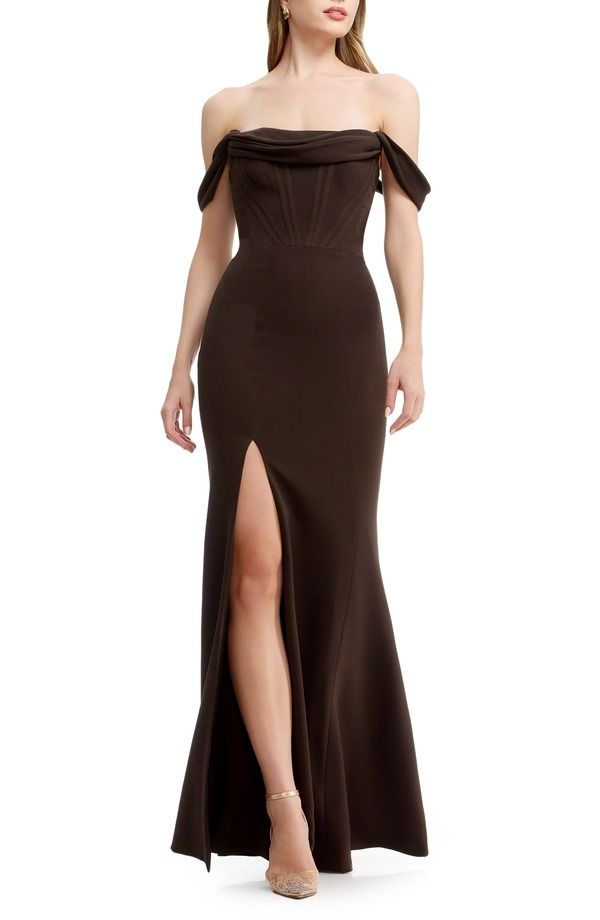 ドレスザポプレーション レディース トップス ワンピース Dress the Population Melania Off the Shoulder Gown Mocha モカ