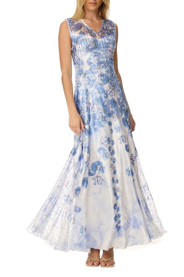 コマロフ レディース トップス ワンピース フラワー柄 レース マキシ フラワー Komarov Floral Border Maxi with Lace Up Back Indigo Vine イン