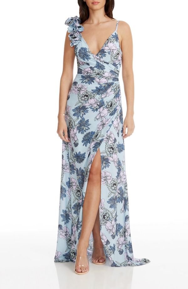 ドレスザポプレーション レディース トップス ワンピース フラワー柄 フラワー Dress the Population Camelia Floral Gown Powder Blue Multi ブ