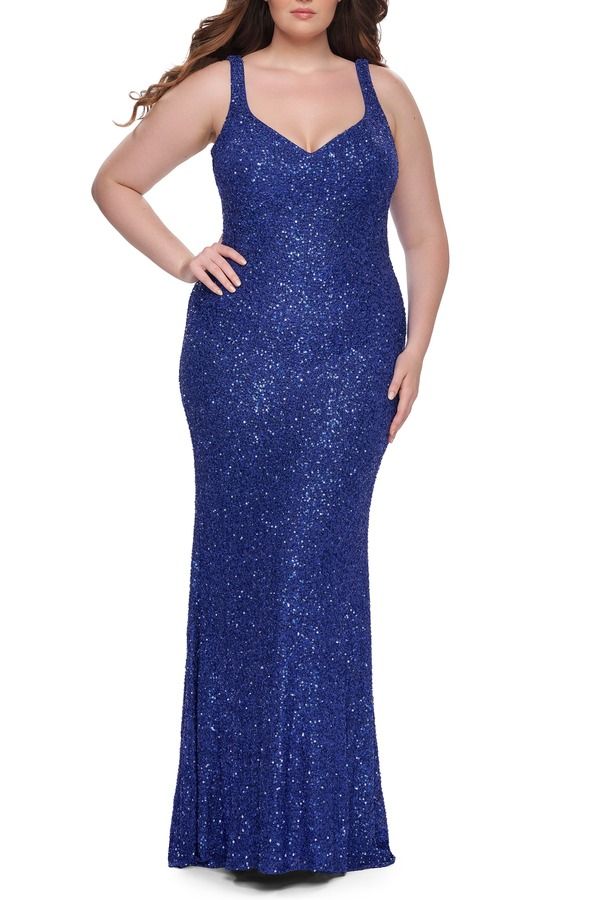 ラフェム レディース トップス ワンピース Vネック プラスサイズ スパンコール La Femme Fitted Stretch Sequin Plusize Dress with VNeck Roy