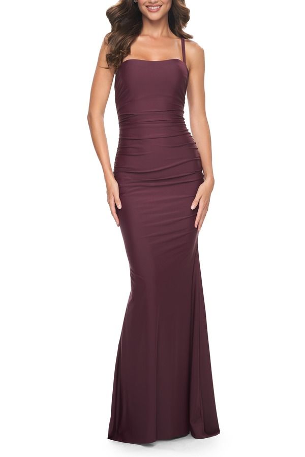 ラフェム レディース トップス ワンピース ギャザー レース ジャージー La Femme Simple Ruched Jersey Dress with Lace Up Back Wine ワイン