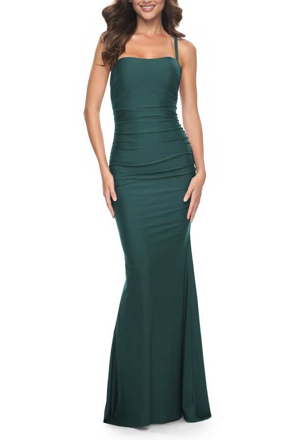 ラフェム レディース トップス ワンピース ギャザー レース ジャージー La Femme Simple Ruched Jersey Dress with Lace Up Back Emerald エ