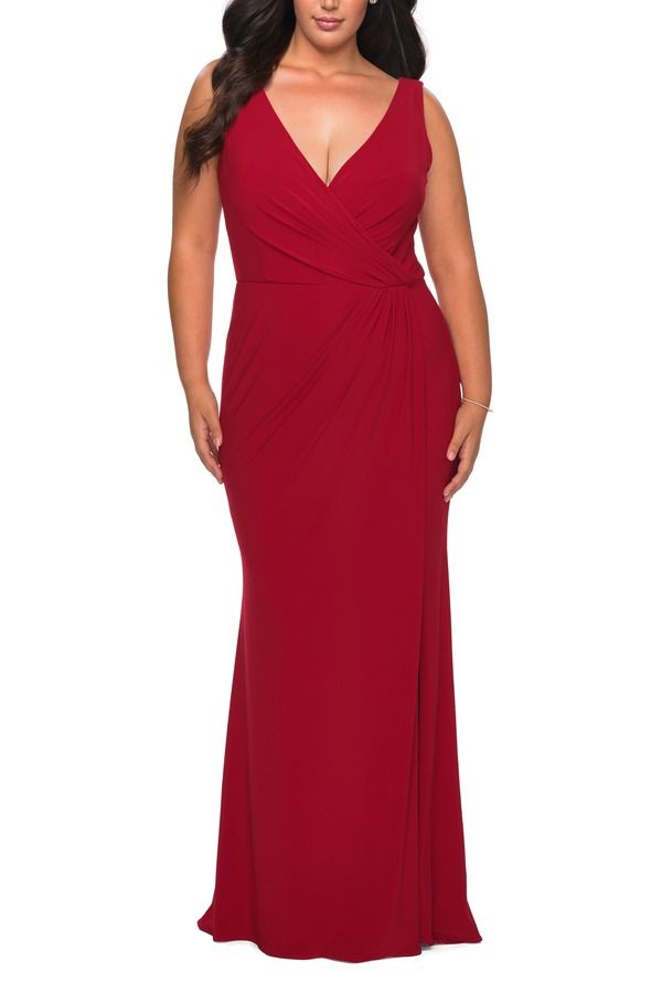 ラフェム レディース トップス ワンピース プラスサイズ ジャージー La Femme Jersey Plusize Dress with VNeckline and Slit Deep Red レッ