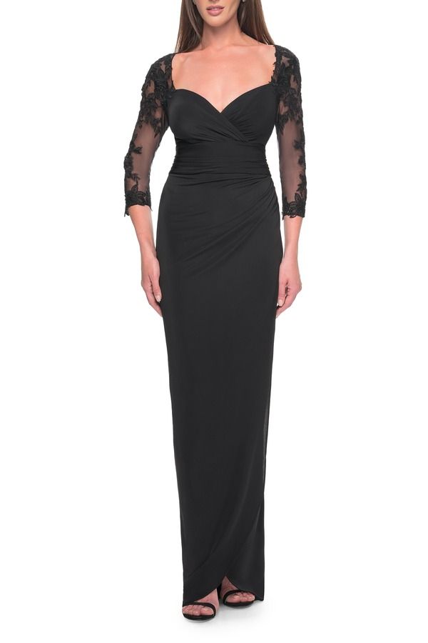 ラフェム レディース トップス ワンピース レース ジャージー La Femme Long Jersey Evening Dress with Lace Sleeves Black ブラック