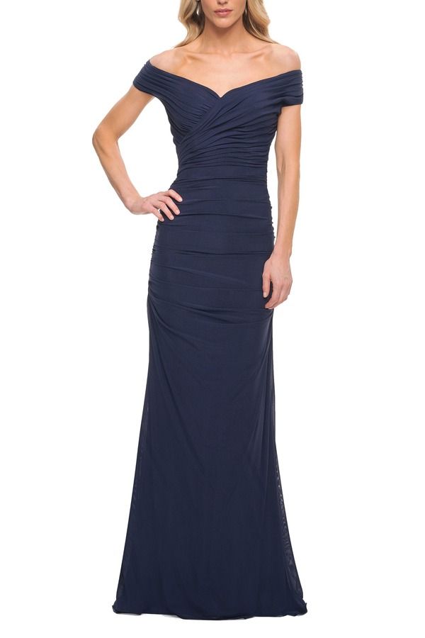 ラフェム レディース トップス ワンピース ギャザー La Femme Long Ruched Gown with Off the Shoulder Top Navy ネイビー