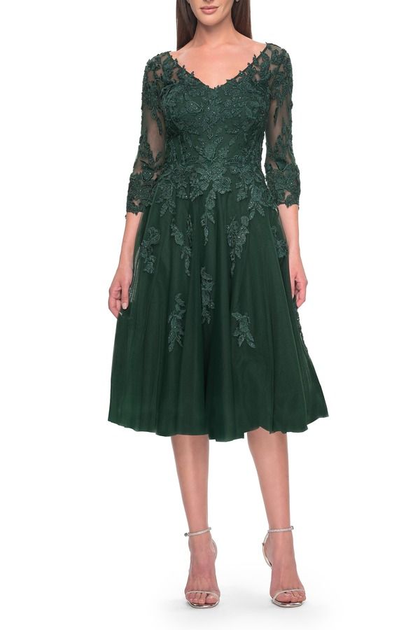 ラフェム レディース トップス ワンピース チュール ひざ丈 レース La Femme Tulle and Lace Knee Length Evening Dress Emerald エメラルド