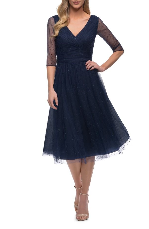 ラフェム レディース トップス ワンピース チュール シアー La Femme Tea Length Tulle Dress with Beading and Sheer Sleeve Navy ネイ
