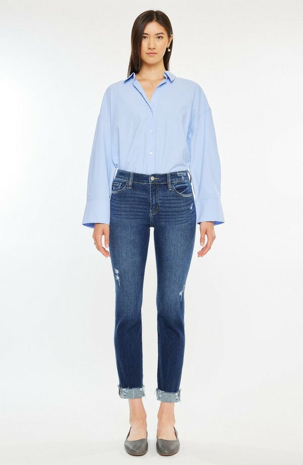 カンクン レディース ボトムス カジュアルパンツ ストレート ジーンズ KanCan Emely Essentials Mid Rise Slim Straight Leg Jeans Dark Wa